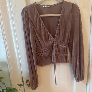 Zara Pink Wrap Tie Front Long Sleeve Blouse
